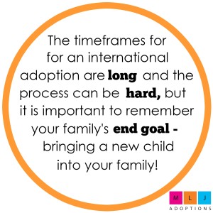 The short answer is that the timeline for an international adoption can vary greatly depending on the country a family chooses to adopt from and the characteristics of the child that the family is hoping to adopt.
